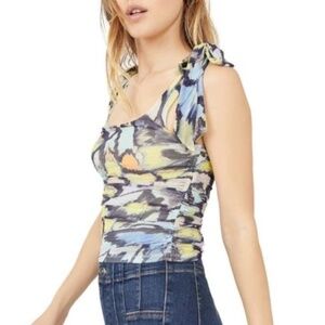 NEW Free People Boulevard Bow Tie Strap Ruched Sides Cotton Rib Tank Top Aqua l